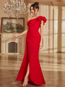 Spring/Summer High Slit Beaded Ruffled Hem Fitted Formal Dress For Wedding Party, Wedding Guest Dress, Evening Dress