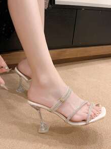 Zapatos de tacón alto de mujer con tira, tacón grueso y punta abierta, se pueden usar de 2 maneras, con tira de cristal, elegantes y sexys sandalias de tacón cuadrado