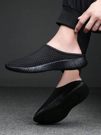 女士夏季针织跑步鞋，休闲透气运动鞋，防滑轻便日常步行鞋，黑色平底一脚蹬运动鞋，黑色女士休闲运动凉鞋