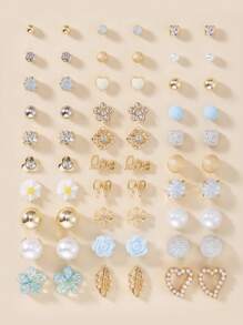 30 件时尚金属叶子、心形、字母、蝴蝶结、雏菊、仿珍珠、雪花首饰套装，适合日常佩戴、节日和礼物 - 彩色 - 查看 1