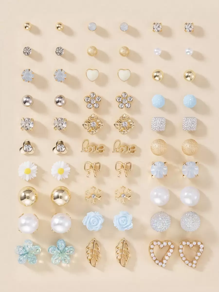 30 件时尚金属叶子、心形、字母、蝴蝶结、雏菊、仿珍珠、雪花首饰套装，适合日常佩戴、节日和礼物 - 彩色 - 查看 1