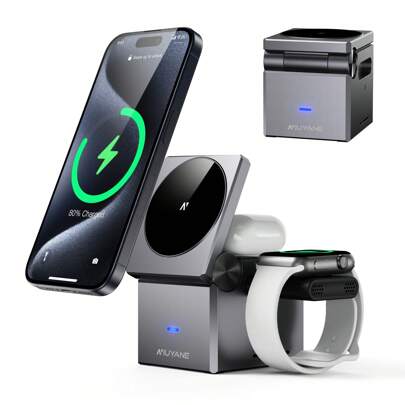 NIUYANE 3-In-1 Wireless Charging Station,15W Fast MagSafe Charging Stand, Foldable Magnetic Wireless Charger, For Apple Watch Ultra, IPhone 16/15/14/13/12 Pro/Max/Plus And Air-Pods Pro
