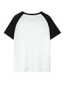Women's Summer Casual Contrast Color Block Slogan Graphic Short Sleeve T-Shirt
