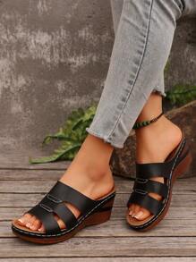 大码女式优雅坡跟高跟凉鞋，镂空编织鞋底系带一脚蹬度假风格户外纯色拖鞋，时尚、舒适、优雅、休闲、沙滩、坡跟、厚底凉鞋