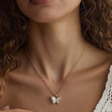 1pc Stainless Steel Gold Plated Hypoallergenic Necklace With Embedded Synthetic Zirconia Butterfly Pendant, Elegant Daily Style Suitable For Formal Events And Gifts