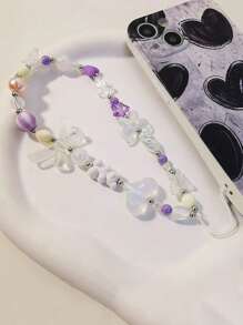 Fresh Small Beaded Bracelet With Bowknot & Purple Flower Pendant, Handmade Chain, Detachable Strap, Anti-Lost Lanyard