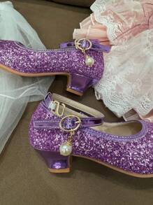 Girls' Glitter Glamour Red High Heel Shoes, Small Size, Non-Slip Formal Shoes With Lace Loops, Suitable For Holiday Parties And Performances - Purple - View 7
