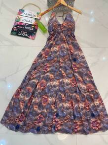 vestidos longo  com bojo estampa 3D multicolorido novo modelo atras com amarrar costas nua - Malva - Visão 1