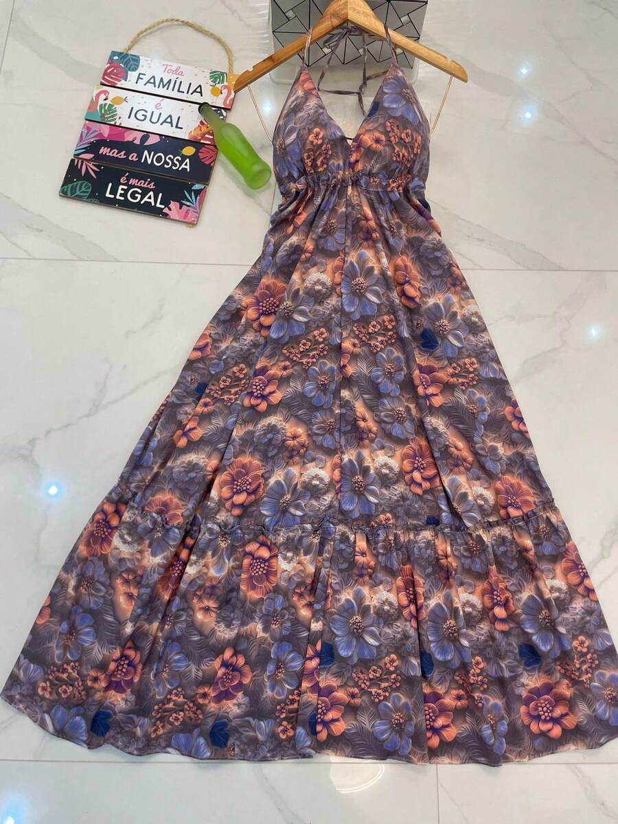 vestidos longo  com bojo estampa 3D multicolorido novo modelo atras com amarrar costas nua - Malva - Visão 1