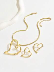 1pc Metal Hollow Heart Necklace And 1 Pair Earrings Set, Minimalist Fashion Style, Suitable For Parties & Gifting