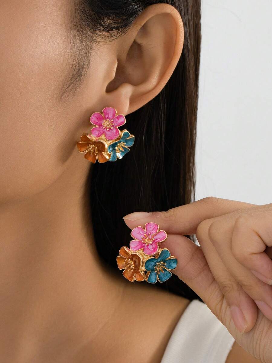 1 Pair Colorful Enamel Floral Design Elegant Earrings, Gift Idea For Valentine's Day - View 1