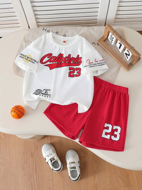 Conjunto de 2 peças/conjunto de camiseta e shorts de manga curta estilo esportivo para meninos