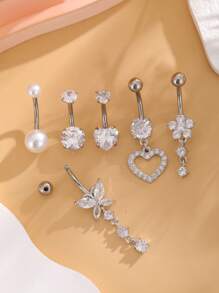 6Pcs/Set Stainless Steel Faux Pearl Butterfly Heart Shaped Navel Rings, Women's Classic Piercing Belly Rings, Daily Wear Valentines - Yellow Gold - View 8