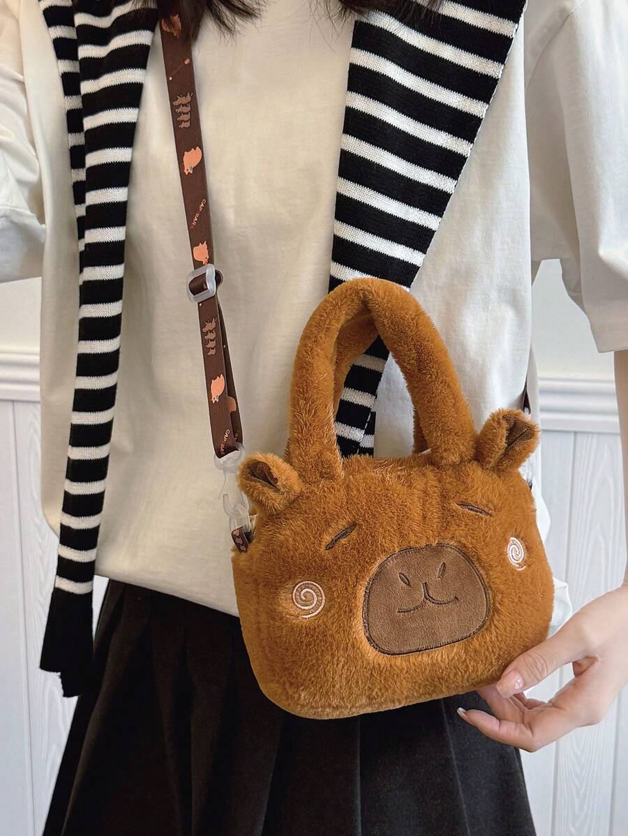 时尚水豚图案毛绒斜挎包，可用作单肩包、手提包和休闲包，新款秋冬女包，最佳钱包。 - 棕色 - 查看 1