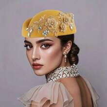 1Pc Felt Turban Hat Pillbox Hats For Women Derby Hat Fascinator Hats With Flower Embellished Elegant Ladies Tea Party Hats Vintage Beret Hat Decorated With Rhinestone Fashion Fedoras Cap For Cosplay Costume Accessories For Wedding Party Women Ladies Gift 2025 New Style.