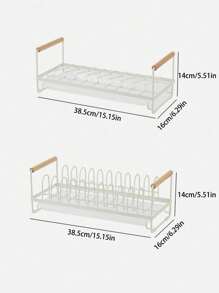 1pc Screw-Free Metal Painted Dish Rack With Drip Tray, Household Countertop Bowl & Plate Storage Organizer - Beige - View 3