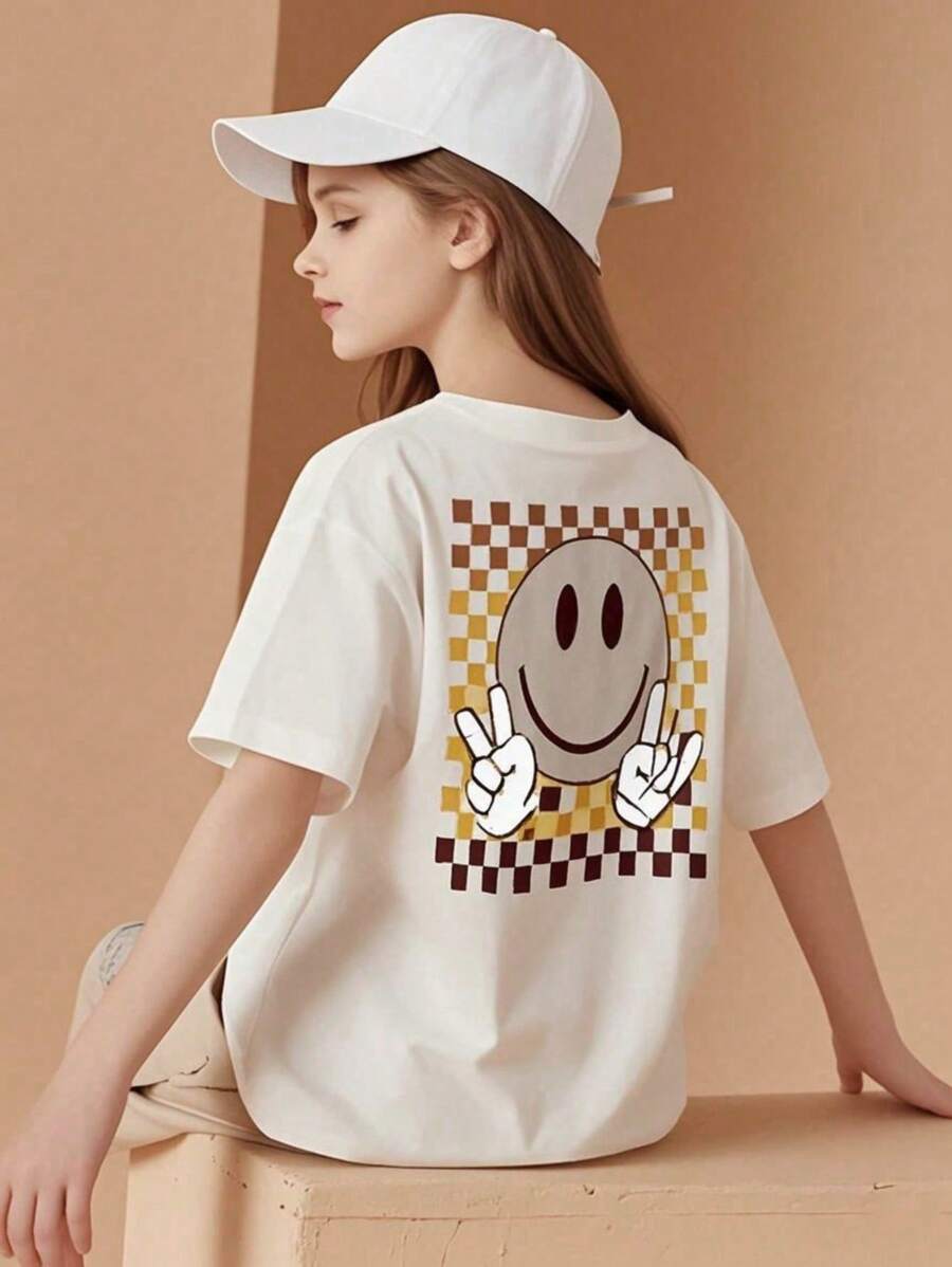 Tween Girl Casual Amusing Graphic Round Neck Short Sleeve T-Shirt Summer Top - Apricot - View 1