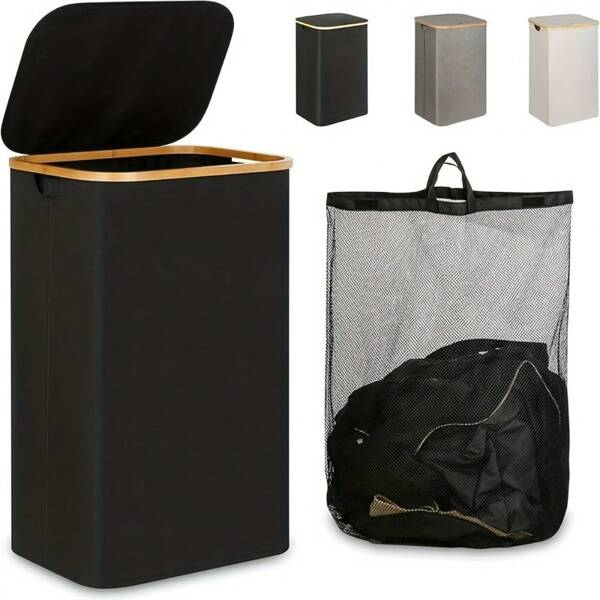 100L High-Capacity Laundry Basket With Lid, Portable With Handle, Detachable Inner Bag, Clothes Hamper With Bamboo Handles For Clothes In Dorm Bedroom Bathroom Storage Organization, Foldable Laundry Hamper, Recycling Bin, Classic Style, Multiple Components, Rectangle Shape, Suitable For Various Room Types, Laundry Baskets