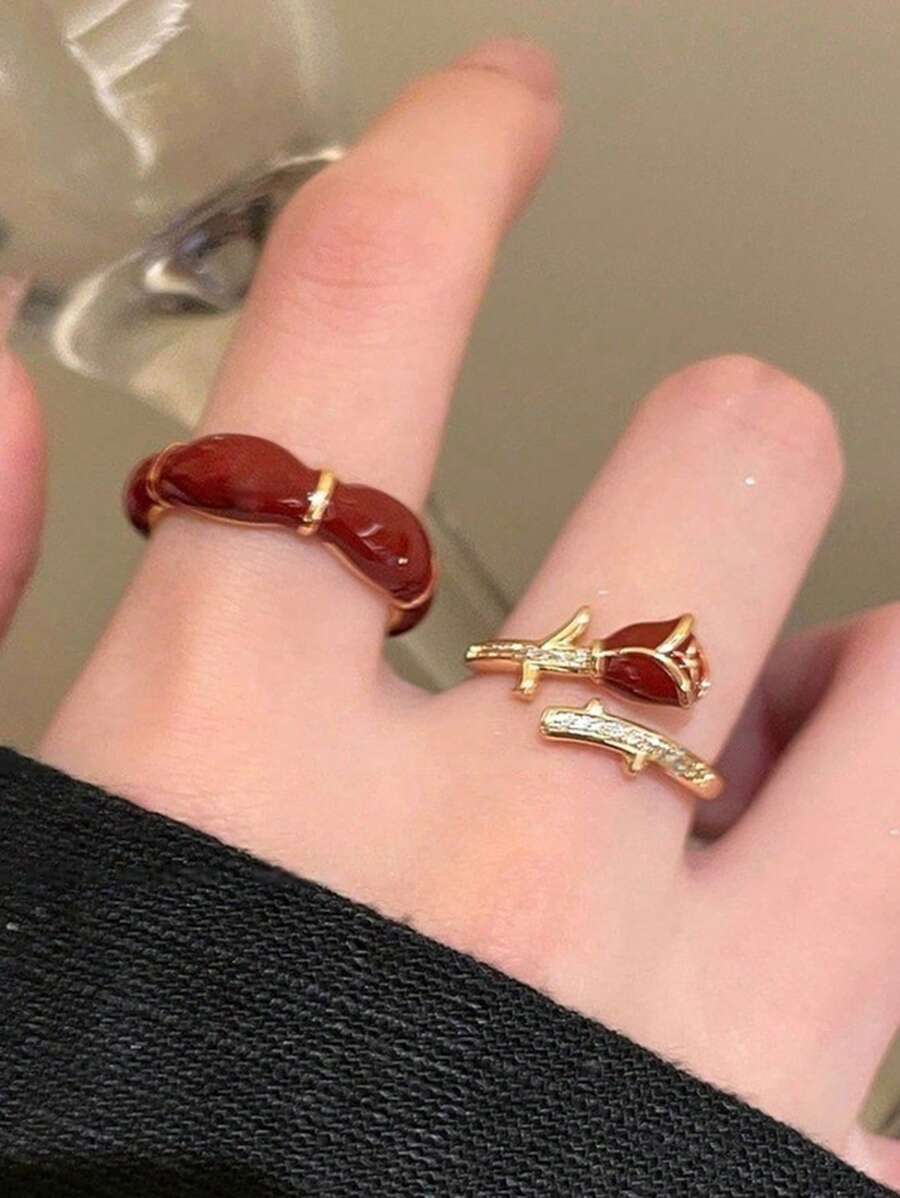 2pcs Set Spring New Encore Red Dripping Glaze Rose Open Ring Vintage Elegant Stackable Finger Ring, Fashionable Luxury Ladies Ring - Multicolor - View 1