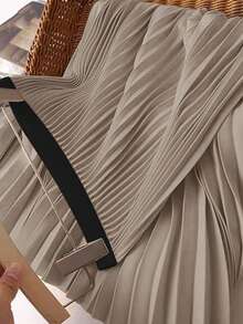 Women's Spring/Summer Fashionable New Taffeta Fabric Drape Contrast Color Pleated Skirt - Brown - View 5