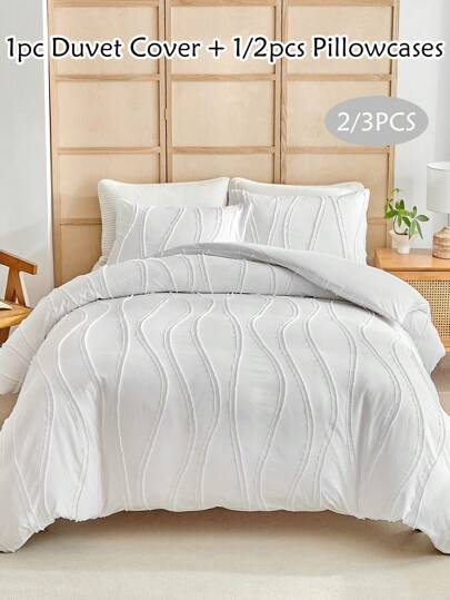 2/3pcs White Striped Tufted Jacquard Polyester Duvet Cover Set, Bohemian Vintage Chic Bedding Set, Suitable For All Seasons, Queen Size (1 Duvet Cover + 1/2 Pillowcase)