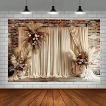 Boho Chic Brown Curtain With Light Reed & White Flowers - High-Quality Polyester Photography Backdrop, Washable & Ironable Party Banner For Vibrant Decor Gifts Birthday Graduation Birthday Decorations Party Decorations Bachelorette Wedding