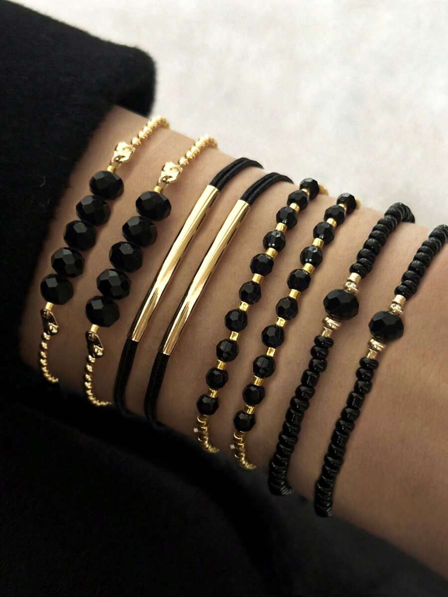8 件/套手工时尚弹性串珠手链套装，仿黑水晶 - 金色 - 查看 1
