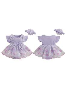 Newborn Baby Girl 1st Birthday Outfit Floral Lace Tulle Romper Tutu Dress Cake Smash Princess Boho Clothes Photo Shoot - 紫色 - 查看 8