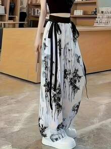 Women's Vacation Plant Print Knotted Waist Trousers, Minimalist And Fashionable, Suitable For Summer