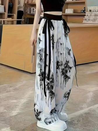 女士度假植物印花打结腰长裤，简约时尚，适合夏季