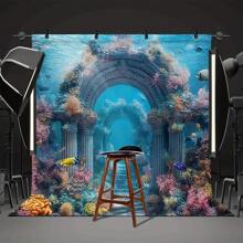 Sprookjesachtig onderwaterkasteel en koraalrif fotografieachtergrond - 7x5ft/8x6ft/10x8ft, polyester, met ringen voor eenvoudig ophangen, geschikt voor bruiloften, doopfeesten en kamerdecoratie