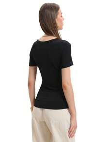 QUEENTI Women's Casual Summer Scoop Neck Short Sleeve T-Shirts Ribbed Knit Slim Fitted Basic Top - 黑色 - 查看 2