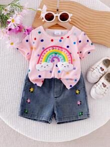 2pcs Baby Girl Cloud Rainbow Polka Dot Print Short Sleeve T-Shirt Top And Floral Embroidered Elastic Waist Denim Shorts Set - Pink - View 2