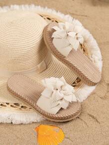 1 双女童花朵装饰轻便时尚户外沙滩拖鞋，简约设计，适合儿童夏季 - 杏色 - 查看 3