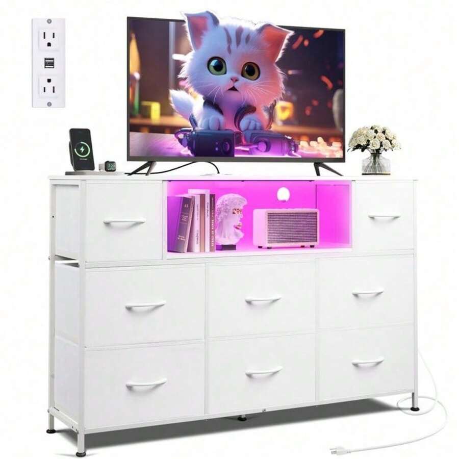 Dresser For Bedroom With Charging Station And LED Lights, Fabric Chest Of Drawers With Open Shelves For 55 Inch TV, 8 Drawers Dressers