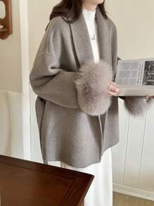 Women's Double-Sided Faux Fur & Wool Blend Coat - Shawl Collar, Tie Waist, Classic Casual, Suitable For Autumn/Winter - Oatmeal - View 6