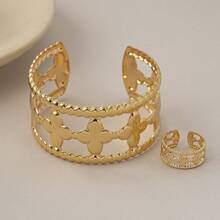 1 Bracelet + 1 Ring Set, Creative Fashion Lucky Clover Splicing Open Bangle Cocktail Ring