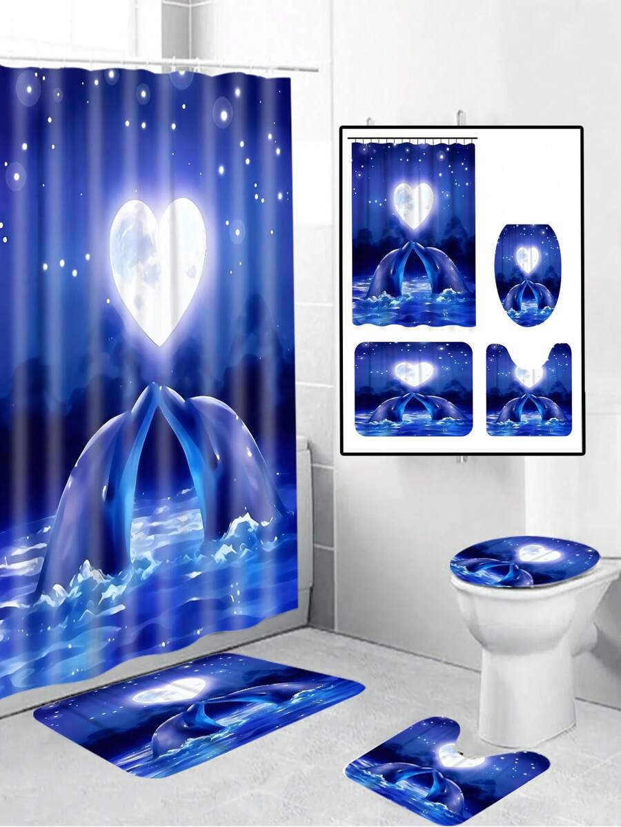 1/4pcs Heart-Shaped Moon & Dolphin Pattern Printed Waterproof Shower Curtain Set, Including 12 Hooks, Bath Mat, U-Shaped Toilet Cover, Ocean Elements, Decorative For Bathroom, Modern Home Decor, Machine Washable, Suitable As Gift Mother's Day Flowers,Personalized Gifts For Mom,Last Minute Gifts,Mother's Day Ideas,Mothering Sunday Gifts,Handmade Cards For Mum,Best Mother's Day Gifts Under $50