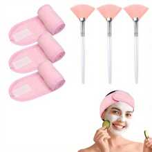 Facial Headband Face Mask Brush Set, Adjustable Towel Wrap, Soft Fan-Shaped Masks Brush, Non-Fragrance Polyester Brush Handle, Suitable For Normal Skin, ABS Plastic Handle Women Beauty Tool