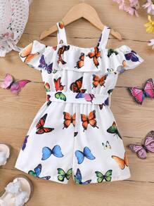 Young Girl's Casual Butterfly Print Off-Shoulder Romper, Summer - White - View 3
