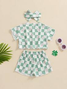 Toddler Girl Clothes 6M 12M 18M 24M 3T 4T Baby Girls Outfits Summer Floral Checkerboard Print Shirt+Shorts+Headband 3pcs Baby Clothing - 綠色 - 查看 2