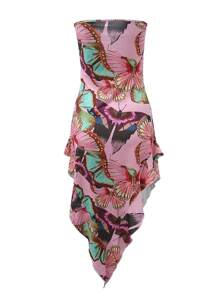 Sexy Butterfly Print Form-Fitting Backless High Slit Casual Dress