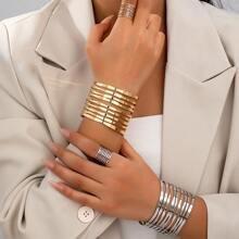 2pcs/Set Classic Vintage Luxury Exaggerated Metallic INS Design Open Bangle & Ring Set, Fashion - Openable - View 1