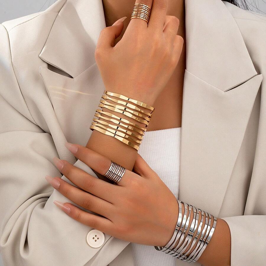 2pcs/Set Classic Vintage Luxury Exaggerated Metallic INS Design Open Bangle & Ring Set, Fashion - Openable - View 1