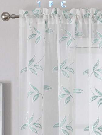 1pc White Embroidered Curtain, Decorative Light Blue & White Embroidery Faux Linen Grommet Curtain, Suitable For Home Kitchen, Living Room And Bedroom