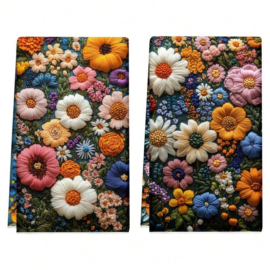 1set/2pcs Floral Pattern Kitchen Towels - Super Soft Polyester Dish Towels, Machine Washable, Home Decor Towel Set, Woven Rectangular Kitchen/Bathroom/Napkins, Perfect For Holiday Party Decorations, Ideal Gift