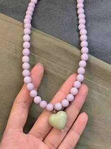 1pc Fashionable Minimalist Glass Bead Necklace With ABS Plastic Heart Charm, A Gift Or Everyday Wear