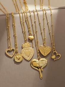 1 件装不锈钢金色串珠细链心形吊坠项链女士 - 金黃色 - 查看 3