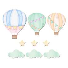 9 PIEZAS Decoraciones colgantes de pared de madera con globos aerostáticos en púrpura, azul y rosa, decoración de pared con nubes y estrellas, cartel de madera para decoración del hogar en dormitorio, salón de clases y sala de juegos