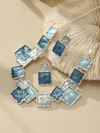 1 套 2 件优雅几何锌合金蓝银色珐琅项链和耳环复古套装，适合女性周年纪念、复古派对、礼物